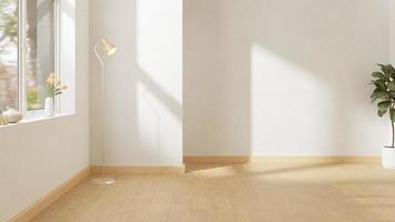 Minimal empty room background in cozy soft sunlight with wood table white concrete wall vase tulip lamp fiddle plant. photo