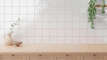 Minimal counter mockup background in Japan style with bright wood counter and gloss tile wall. Kitchen interior. photo