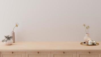 Minimal counter mockup background in Japan style with bright wood counter and warm white wall. Kitchen interior. photo