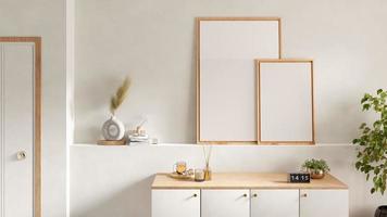 Minimal frame mockup background with white concrete wall wood cabinet ceramic vase plants books perfume glasses clock. photo