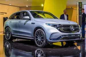 FRANKFURT, GERMANY - SEPT 2019 silver MERCEDES-BENZ EQC 400 N293 is a fully-electric compact luxury SUV, IAA International Motor Show Auto Exhibtion photo