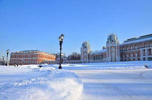 palacio de ladrillo en el parque tsaritsyno en invierno, moscú, rusia foto