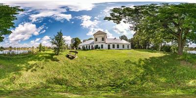 full seamless spherical hdri panorama 360 degrees angle view near abandoned homestead castle with columns near lake in equirectangular spherical projection with zenith and nadir. for VR content photo