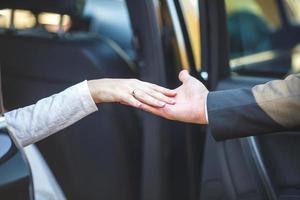 romantic couple holding hands. Lovers or newlywed married young couple in romance. wedding theme photo