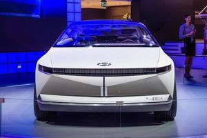 FRANKFURT, GERMANY - SEPT 2019 white electric SUV HYUNDAI 45 concept, IAA International Motor Show Auto Exhibtion photo