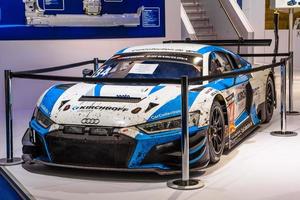 FRANKFURT, GERMANY - SEPT 2019 blue white AUDI R8 racing sport car GT, IAA International Motor Show Auto Exhibtion photo