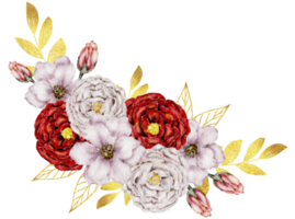 bouquet di fiori rossi acquerello con foglia d'oro png