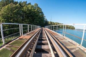 Estructura de acero de hierro construcción de puente ferroviario de vía estrecha a través del río. vista de gran angular foto