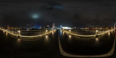 full seamless spherical night panorama 360 degrees angle view on pedestrian bridge in equirectangular projection, ready for VR AR virtual reality photo