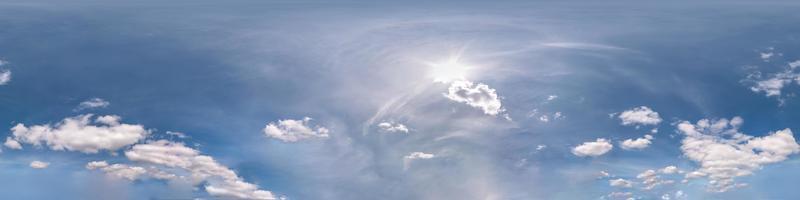 blue sky with beautiful cumulus clouds. Seamless hdri panorama 360 degrees angle view with zenith for use in 3d graphics or game development as sky dome or edit drone shot photo