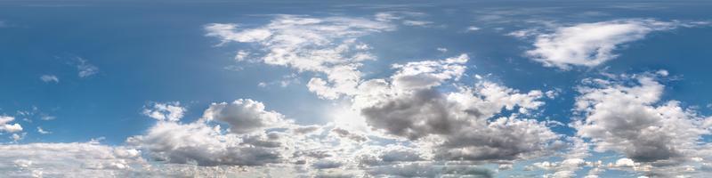 blue sky with beautiful cumulus clouds. Seamless hdri panorama 360 degrees angle view with zenith for use in 3d graphics or game development as sky dome or edit drone shot photo