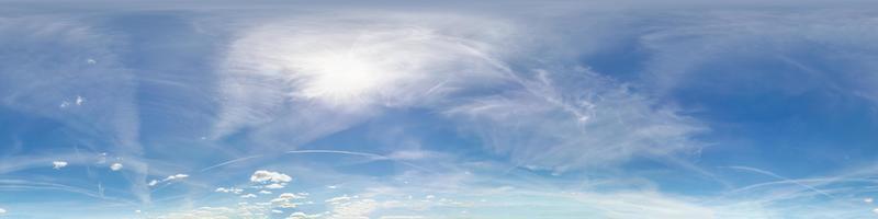 blue sky with beautiful cumulus clouds. Seamless hdri panorama 360 degrees angle view with zenith for use in 3d graphics or game development as sky dome or edit drone shot photo