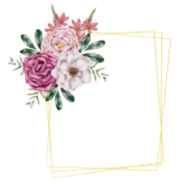 Pink flower wreath watercolor with gold frame png