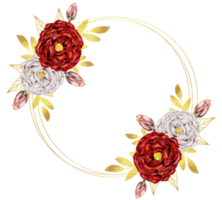 aquarela de coroa de flores rosa e vermelha com moldura de ouro png