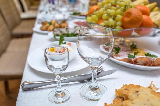 mesa de banquete servida con instrumentos y decorada con copas de vino vacías foto