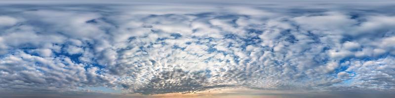 blue sky with beautiful cumulus clouds. Seamless hdri panorama 360 degrees angle view with zenith for use in 3d graphics or game development as sky dome or edit drone shot photo