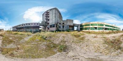 full seamless spherical hdri panorama 360 degrees angle view near abandoned ruined factory in equirectangular projection, VR AR virtual reality content. Building of agricultural elevator photo