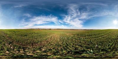 blue sky before sunset with beautiful awesome clouds. full seamless spherical hdri panorama 360 degrees angle view among fields in evening in equirectangular projection, ready for VR AR content photo