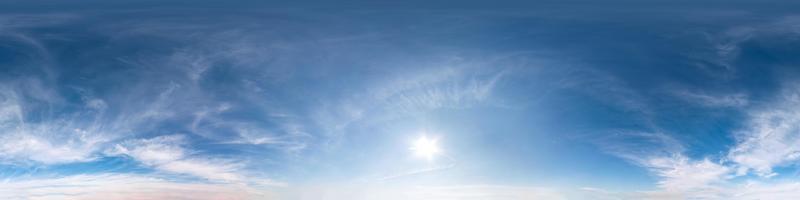 blue sky with beautiful cumulus clouds. Seamless hdri panorama 360 degrees angle view with zenith for use in 3d graphics or game development as sky dome or edit drone shot photo