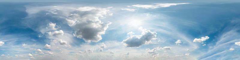 blue sky with beautiful cumulus clouds. Seamless hdri panorama 360 degrees angle view with zenith for use in 3d graphics or game development as sky dome or edit drone shot photo