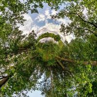 Little planet transformation of spherical panorama 360 degrees. Spherical abstract aerial view in field with awesome beautiful clouds. Curvature of space. photo