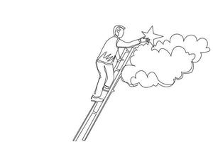 Continuous one line drawing businessman is standing on stairs and reaching star on the sky. Goals and dreams. Business, career, achievement concept. Single line draw design vector graphic illustration