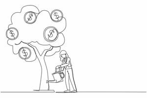 Single one line drawing business investment with money tree illustration. Woman watering tree with coins dollar symbols. Business development, profit growth. Continuous line draw design graphic vector