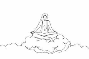 Single one line drawing relaxed businesswoman meditates in lotus position on clouds. Restful female manager relaxing with yoga and meditation pose. Continuous line design graphic vector illustration