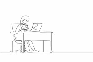 Continuous one line drawing female works in office. Woman working, typing and sending messages. Work, table, computer flat vector. Workplace and communication concept. Single line draw design graphic vector