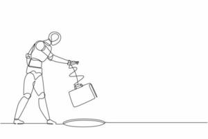 Single one line drawing robot throws briefcase into hole. Future technology development. Artificial intelligence and machine learning processes. Continuous line draw design graphic vector illustration