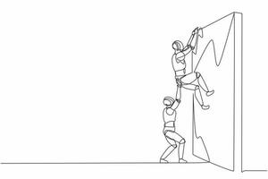 Single continuous line drawing robot helping another robot climb wall. Modern robotic artificial intelligence technology. Electronic technology industry. One line graphic design vector illustration