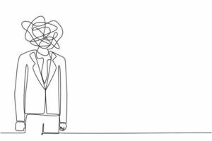 Single continuous line drawing businessman with round scribbles instead of head. Frustrated man. Anxiety, confusion in thoughts. Chaos in head. Confusing process. One line graphic design vector