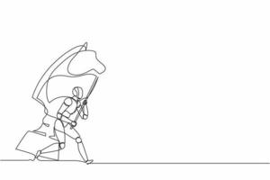 Continuous one line drawing robots running and holding flag beside big horse knight chess. Humanoid robot cybernetic organism. Future robotics development concept. Single line design vector graphic