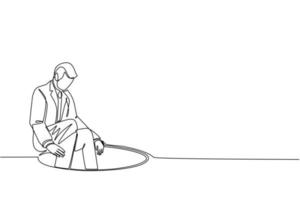 Single one line drawing businessman descends into the hole. Concept of failure to take advantage of business opportunities. Depressed and business failure concept. Continuous line draw design vector