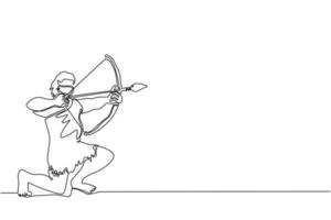 Single continuous line drawing primitive person hunts animal. Stone age hunter, man hunting an ancient animal with bow and arrow, man of prehistoric period with weapon. One line draw design vector