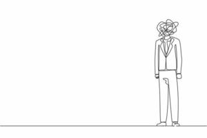 Continuous one line drawing businessman with round scribbles instead of head. Frustrated man. Nervous problem, anxiety, confusion in thoughts. Mental disorder. Single line design vector graphic