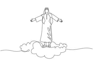 Single continuous line drawing happy Arabic businessman on top of cloud with raised hands. Successful business concept. Financial freedom, happiness, peaceful. One line draw design vector illustration