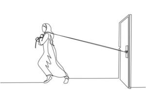 Single continuous line drawing Arab businesswoman trying hard to pulling rope to drag heavy door, metaphor to facing big problem. Business struggles. Strength for success. One line draw design vector