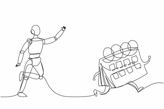 Single one line drawing robot chasing calendar. Time management optimization. Future technology development. Artificial intelligence machine learning. Continuous line draw design vector illustration