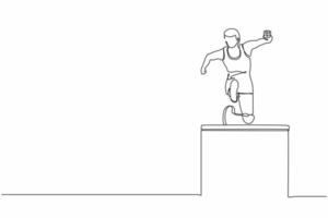 Continuous one line drawing front view amputated male athlete jumping, running over hurdle. Disabled event with hurdle race. Disability sport concept. Single line design vector graphic illustration