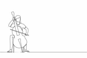 Single continuous line drawing young female performer playing on contrabass. Cellist woman playing cello, musician playing classical music instrument. One line draw graphic design vector illustration