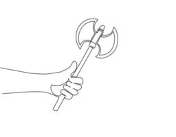 Single continuous line drawing hand holding battle axe with handle. Broad axe, two-sided axe, medieval axe. Fighter classes weapon animation, video games. Dynamic one line draw graphic design vector