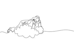 Single continuous line drawing dreamer. Arabic businessman lay on the clouds and dreaming or thinking something about new business. Man lying on cloud. one line draw graphic design vector illustration