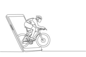 El corredor de bicicletas de un solo dibujo de línea continua mejora su velocidad en la sesión de entrenamiento saliendo de la pantalla del teléfono inteligente. Partidos deportivos móviles. Aplicación de juego de bicicletas en línea. vector de diseño de dibujo de una línea