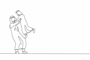 Single continuous line drawing happy father's day. Loving father carrying his little son on raised hands. Arab family with dad and child playing together. One line graphic design vector illustration
