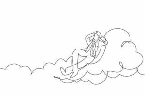 Single one line drawing relaxed and successful businessman relaxing laying on clouds. Happy and enjoy male relaxation, vacation, take a break. Continuous line draw design graphic vector illustration