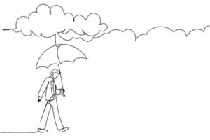 Single continuous line drawing businessman walking with umbrella under rain cloud. Depression, passerby at rainy weather. Drenched man, water pour from sky. One line graphic design vector illustration