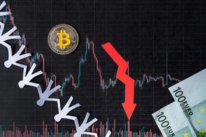 unprofitable investment of depreciation virtual money bitcoin. red arrow, silver bitcoin and euro banknotes go down on paper forex chart with people crowd. Concept of depreciation of cryptocurrency. photo