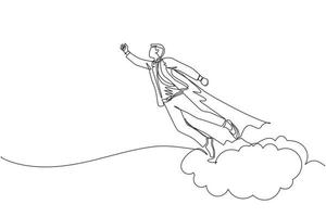 Single continuous line drawing businessman superhero flies up and leaves cloud of dust. Super worker in robe cloak takes off. Power and uniqueness business concept. One line draw graphic design vector