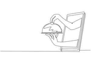 mano de dibujo de una sola línea continua que sostiene la cubierta de alimentos de acero inoxidable a través del teléfono móvil. concepto de comida en línea de entrega de restaurante. aplicación para teléfono inteligente. vector gráfico de diseño de dibujo de una línea